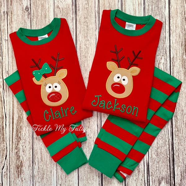 Christmas Pajamas-Sibling Christmas Pajamas-Monogrammed Appliquéd Pajamas-Reindeer Christmas Pajamas-Infant/Children-Choose Boys or Girls