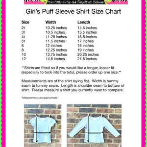 May include: Size chart for girls' puff sleeve shirts with measurements in inches. The chart shows the width and length of the shirts for sizes 2T through 12. The chart also includes a note about ordering up a size for a looser fit.