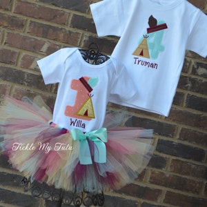 Teepee Birthday Outfits for Boy and Girl Twins or Siblings-Tribal Birthday Outfit-Wild One Birthday Tutu Set-Warrior Birthday Tutu Set