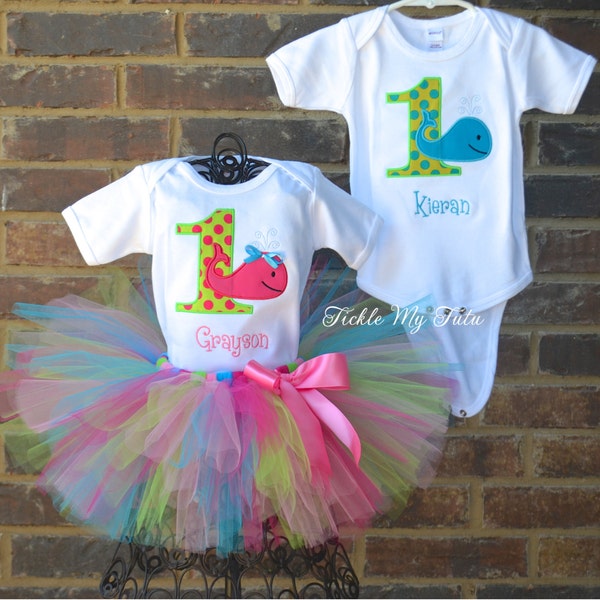 Boy/Girl Twin Whale Themed Birthday Outfits-Twin Ocean Party Outfit-Twin Under the Sea Party Outfit-Twin First Birthday Outfit
