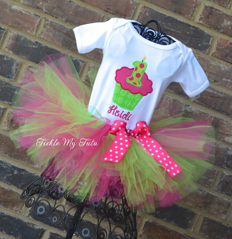 Lime and Hot Pink Cupcake Number Candle Birthday Tutu Outfit-Cupcake Birthday Tutu Set-Lime and Hot Pink Birthday Tutu Outfit