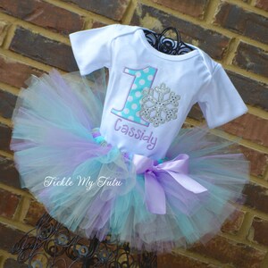 Winter ONEderland Aqua Dot and Lilac Snowflake Winter Themed Birthday Tutu Outfit-Snowflake Princess Tutu Set-First Birthday Snowflake Set