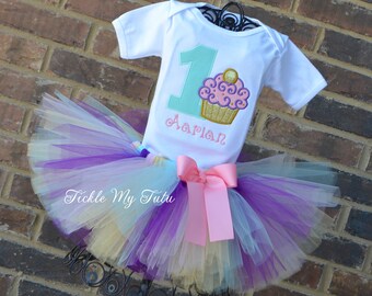 Cupcake Birthday Tutu Outfit- First Birthday Cupcake Tutu Set- Light Pink, Gold, Aqua, and Purple Cupcake Birthday Tutu Outfit