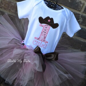 Cowgirl Cutie Pink and Brown Birthday Tutu Outfit-Cowgirl Party Outfit-Cowgirl Party Tutu Set-First Birthday Farm Cowgirl Outfit image 3