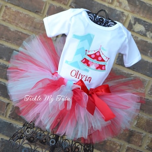 Under the Big Top Vintage Colors Circus Tent Carnival Themed Birthday Tutu Outfit with Birthday Number-Red Pink Aqua Circus Carnival Outfit