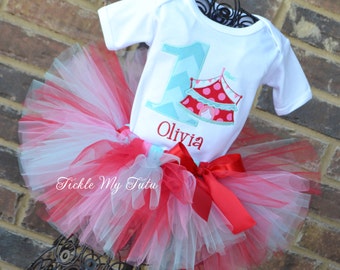 Under the Big Top Vintage Colors Circus Tent Carnival Themed Birthday Tutu Outfit with Birthday Number-Red Pink Aqua Circus Carnival Outfit