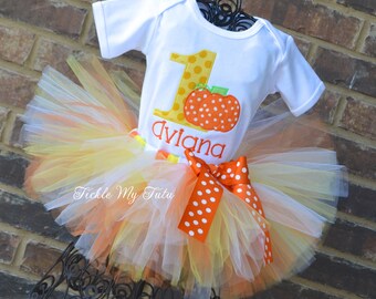 Little Candy Corn Pumpkin Birthday Tutu Outfit-Candy Corn Birthday Outfit-Pumpkin Themed Birthday Outfit-Pumpkin Patch Birthday Outfit