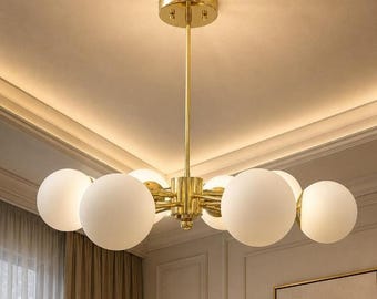 Mid-Century Modern Messing Decken Glas 8-Globe Kronleuchter Licht