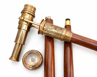 Bastone da passeggio vintage in ottone con cannocchiale nascosto / Bastone da trekking in legno con telescopio incorporato / Bastone da passeggio antico in ottone / Regalo da collezione per uomo