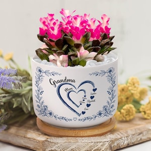 Puede incluir: Una maceta de cerámica blanca con una planta de flores rosas. La maceta tiene un diseño de corazón azul con las palabras "Abuela" y "Mamá" y los nombres de los miembros de la familia. Se asienta sobre un posavasos de madera.