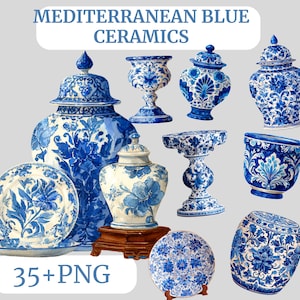 Medelhavskeramisk clipart PNG, blå keramik akvarellgrafik, italiensk majolikaestetik, portugisiska azulejo-kakelplattor sublimering kommersiell