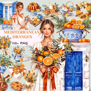 Medelhavsapelsiner akvarell Clipart Bundle, Orange PNG, Jul Clipart, Blå Keramik, Citrus Clipart, Kommersiellt Bruk