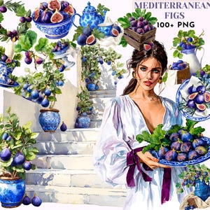 Op de afbeelding: Een digitale illustratiecollectie getiteld MEDITERRANEAN FIGS 100+ PNG met aquarelachtige afbeeldingen van paarse vijgen, blauw-wit gedessineerd keramiek, vijgenbomen in potten, stenen trappen en een persoon die een bord met vijgen vasthoudt.
