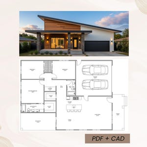 Woningplattegrond met 3 slaapkamers en garage voor 2 wagens | 42 ft x 55ft |  Pdf- en CAD-bestand