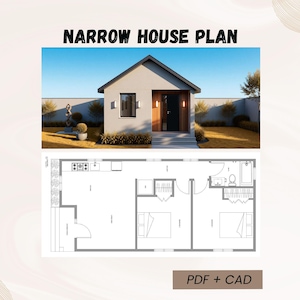 Plan d'étage étroit d'une maison moderne 18 pi x 39 pi | Plan petite maison de 2 chambres et 1 salle de bain | PDF+ CAO