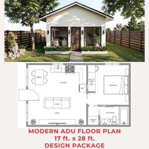 Moderne ADU-plattegrond 17 x 28 ft | Tiny Home-blauwdruk met 1 slaapkamer (pdf en CAD)