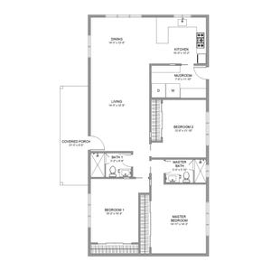 May include: A black and white architectural floor plan of a two-story house. The layout includes a covered porch, living and dining areas, a kitchen, bedrooms, bathrooms, and a mudroom. Room dimensions are provided in feet and inches.