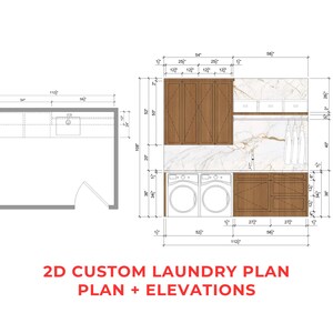 May include: A 2D custom laundry room floor plan and elevation drawing featuring brown cabinetry, a white marble countertop, a sink, and two white laundry appliances. The technical diagram includes detailed imperial measurements in inches.