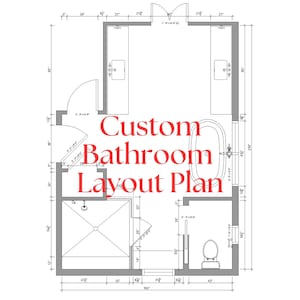 Puede incluir: Plano arquitectónico detallado de un diseño de baño personalizado. El diseño incluye una ducha, dos lavabos, una bañera y un inodoro, con dimensiones en centímetros. El texto "Custom Bathroom Layout Plan" está superpuesto en rojo.