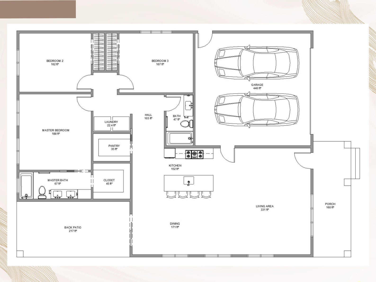 3 Bedroom House Plan With 2 Car Garage | 42ft X55ft | PDF & CAD File - Etsy