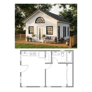 Plano de minicasa de 16x23 pies, 1 dormitorio, 1 baño, cabaña tipo ADU (PDF CAD)