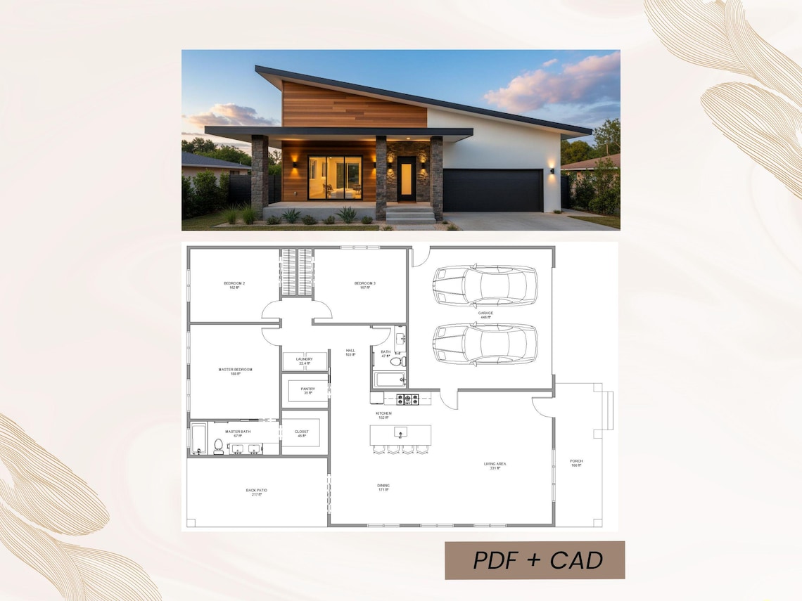 3 Bedroom House Plan With 2 Car Garage | 42ft X55ft | PDF & CAD File - Etsy