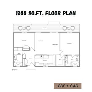 Planta de casa de 1200 pés quadrados (aproximadamente 111 m²), 2 quartos, 2 banheiros, estilo celeiro/casa de campo.
