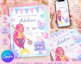 Editable Mermaid Birthday Invitation – Instant Download