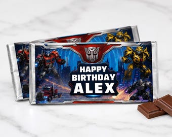 Mall för digital chokladkakeomslag med Transformers-tema, utskrivbart godispåseomslag, dopgodispåseomslag, dopgåvor