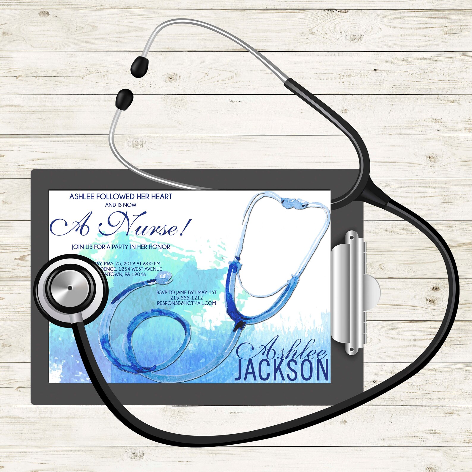 Watercolor Stethoscope Nursing Graduation Invitation Medical Etsy