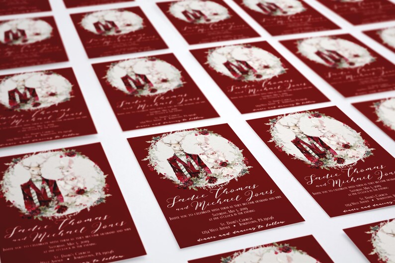 Bohemian Wedding Invitation Christmas Wedding Boho Collection Winter Wedding Invitation Woodland Wedding Deer Rabbit Invitation 017