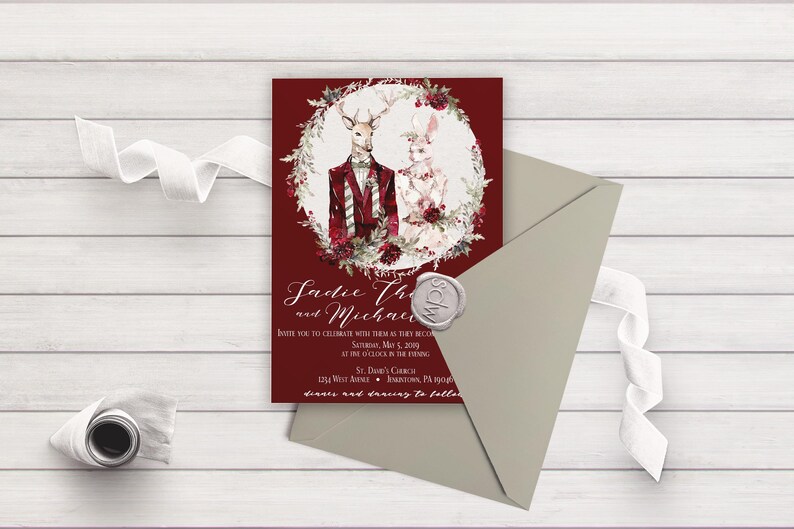 Bohemian Wedding Invitation Christmas Wedding Boho Collection Winter Wedding Invitation Woodland Wedding Deer Rabbit Invitation 017