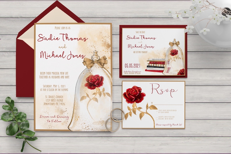 Beauty and the Beast Inspired Invitation Belle Rose and Gold Etsy