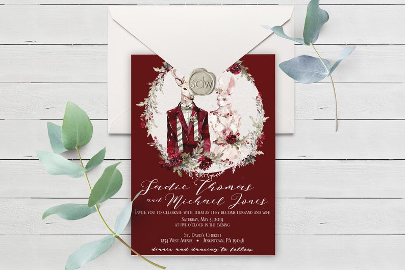 Bohemian Wedding Invitation Christmas Wedding Boho Collection Winter Wedding Invitation Woodland Wedding Deer Rabbit Invitation 017