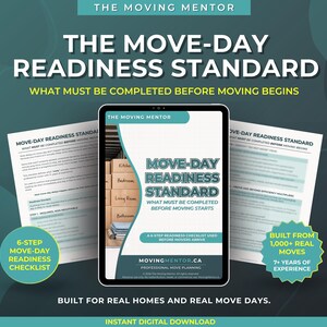 May include: A digital tablet displays "The Move-Day Readiness Standard" checklist. The image includes the text "What Must Be Completed Before Moving Begins" and "Instant Digital Download". Additional documents and a circular badge with text are also visible.