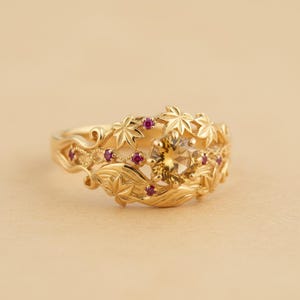 Gold Leaf Floral Ring Yellow Stone 925 Sterling Silver Vintage Style Nature Inspired Engagement Promise Ring
