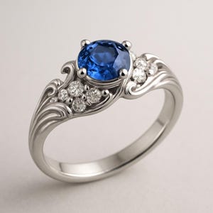 Blue Gemstone Ring Silver Oval Solitaire with White Accent Stones Scroll Band
