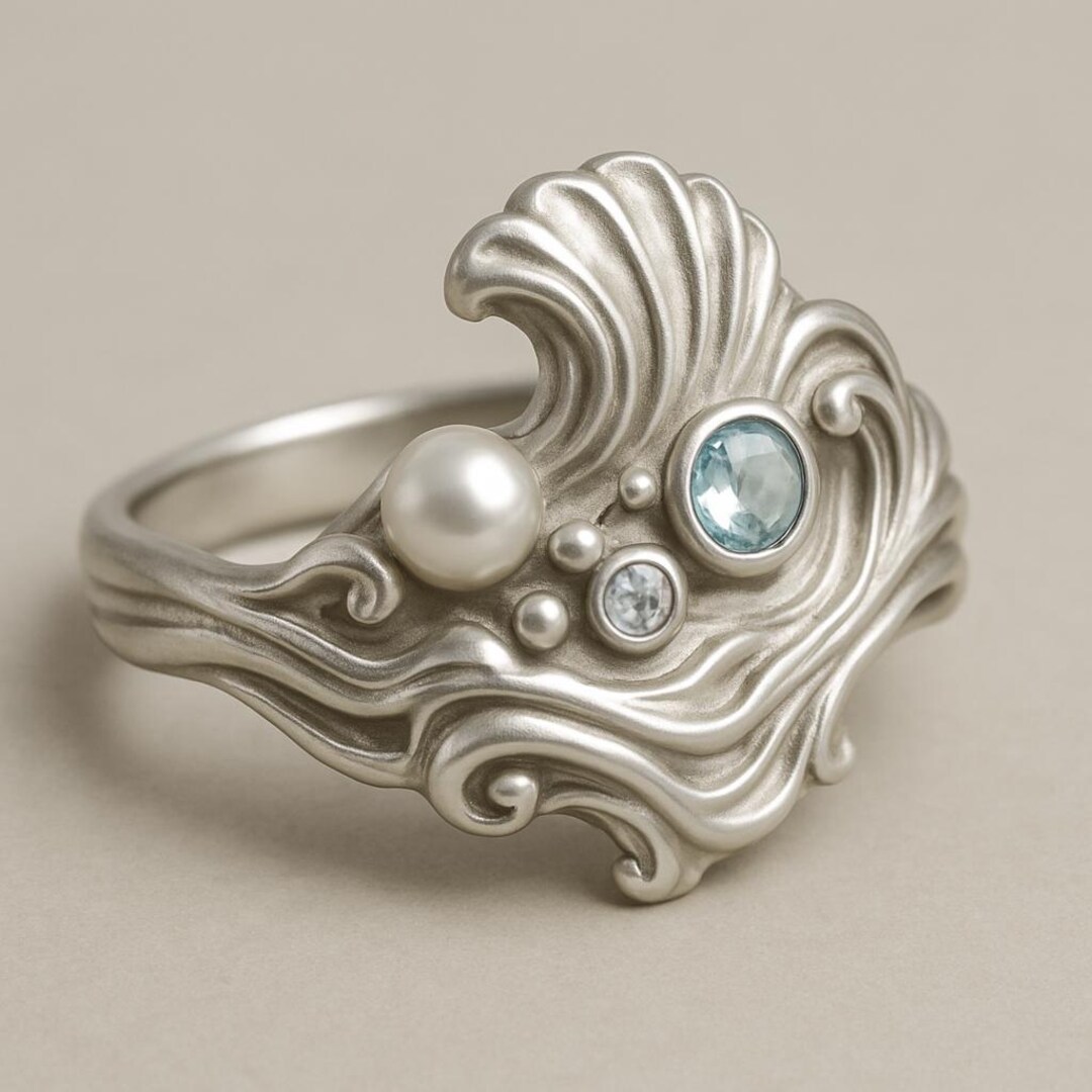 Ocean Wave Ring Silver Pearl Blue Stone Sculptural Statement Band - Etsy