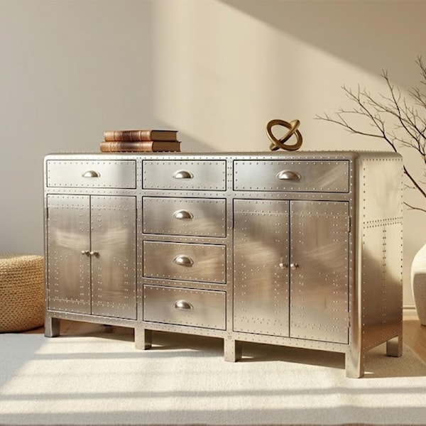 Hand-Riveted Aircraft-Style Metal Sideboard with Cabinets | Aluminum Industrial Credenza Buffet with Multi-Drawer Storage
