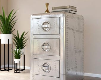 Aviator Aluminum 3-Drawer Nightstand | Industrial Aircraft Style Storage Cabinet, Silver Riveted Bedside Table