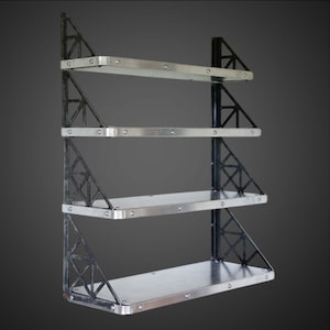 Estantería de pared industrial Aviator - Estantería flotante de aluminio de 4 niveles - Almacenamiento estilo aeronáutico remachado a mano - Unidad de exhibición con soportes de celosía metálicos