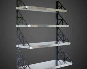 Aviator Industrial Wall Shelf - 4-Tier Aluminum Floating Bookshelf - Hand-Riveted Aircraft Style Storage - Metal Truss Brackets Display Unit