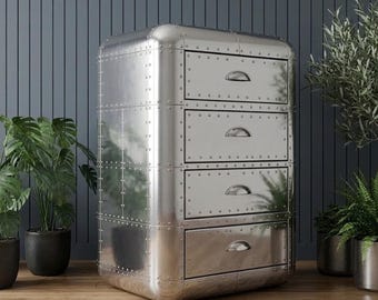 Cómoda de aluminio remachada con 4 cajones, mesa auxiliar industrial para aviones, mesita de noche moderna de metal para el hogar y la oficina.