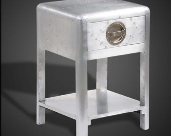 Aviator Aluminum Side Table Nightstand with Drawer and Shelf, Industrial Aircraft Style Silver Riveted Bedside Table