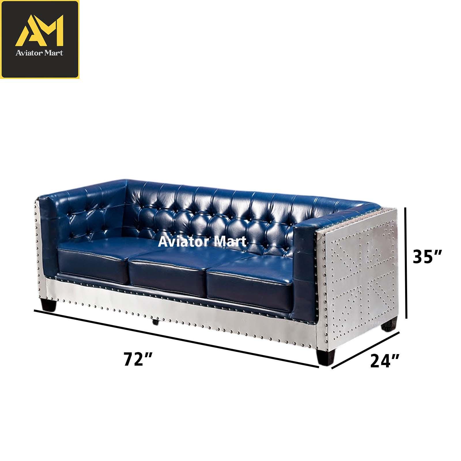 Aviator Blue Leather Sofa - Riveted Aluminum 3-seater Chesterfield ...