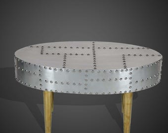 Aviator Aluminum Riveted Round Coffee Table Industrial Aircraft Style Living Room Accent Furniture Modern Wood Legs