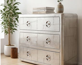 Aviator Aluminum Chest of Drawers Industrial Silver Dresser 3 Drawer Riveted Aircraft Style Storage Cabinet