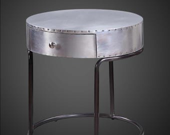 Aviator Round Side Table - Industrial Riveted Aluminum Nightstand with Drawer - Mid Century Aviation Inspired End Table