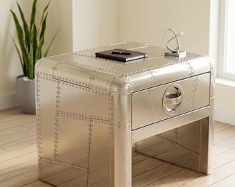Riveted Aviator Aluminum Side Table with Drawer Industrial Nightstand Modern Loft Furniture