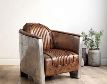Vintage Aviator Leather Armchair – Industrial Aluminum Club Chair, Retro Brown Leather Accent Chair